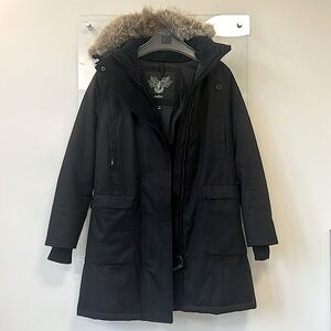 Merideth Nobis parka black XS with real fur, coyote from Canada,duck down filled